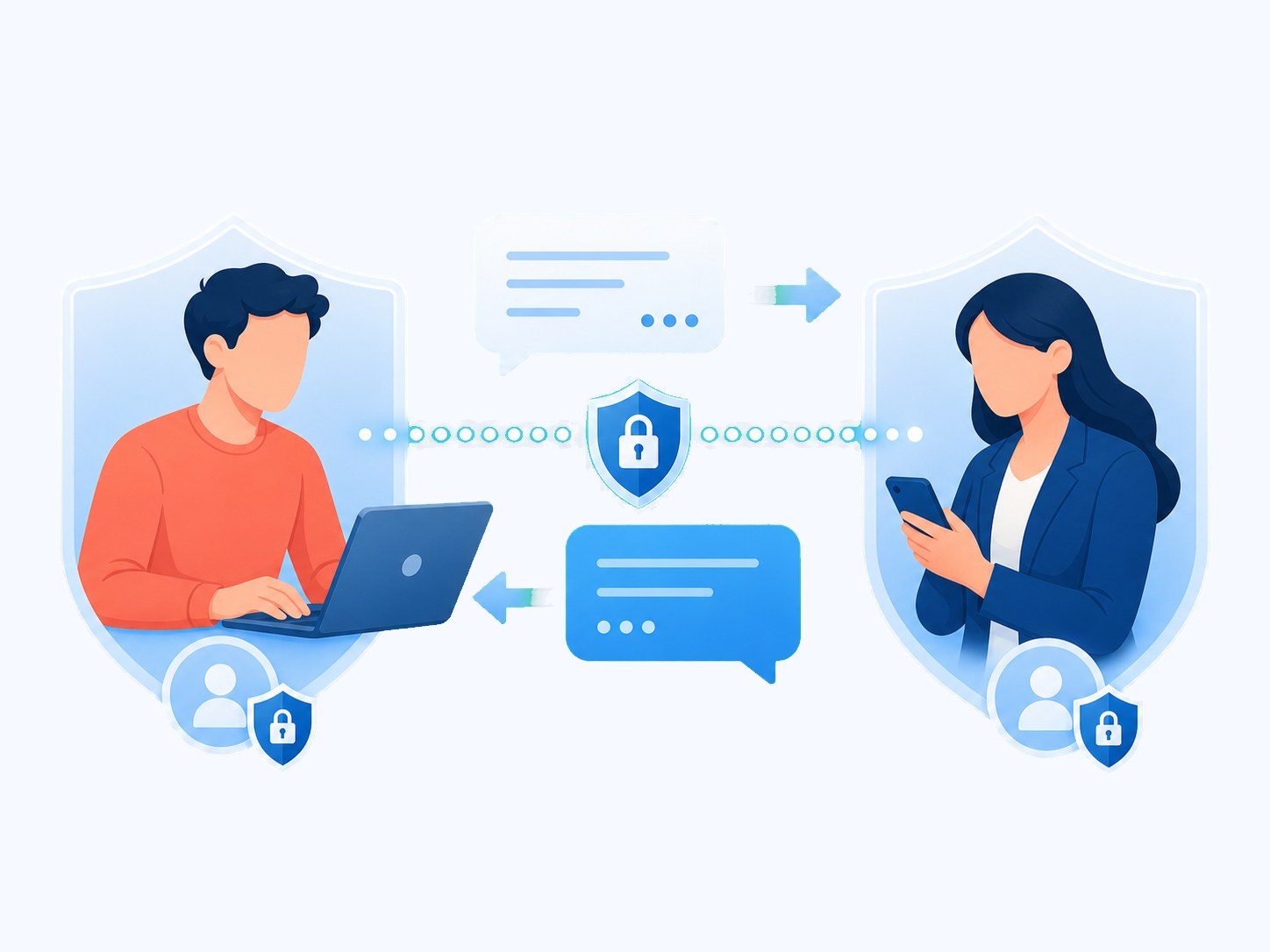 Zwei anonymisierte Personen kommunizieren über einen gesicherten Dialogkanal