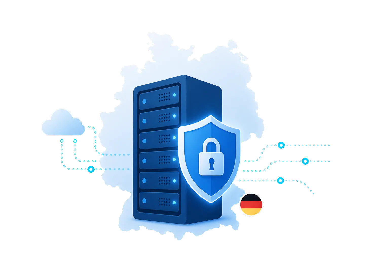 Server, Schild und Deutschlandkarte als Symbol für deutsche Datenhaltung